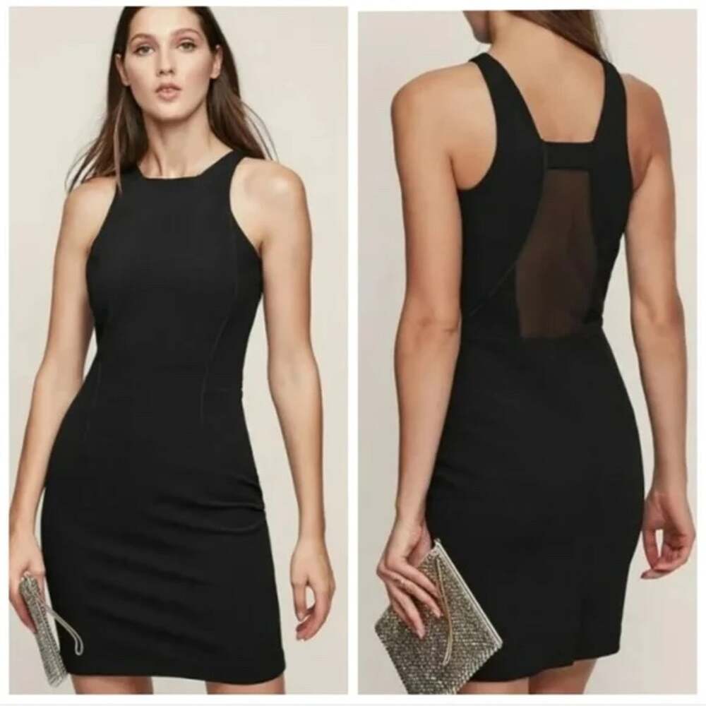 Reiss Angelica Black Bodycon Mini Dress US 4 Sheer Back Racer Neck NWT
